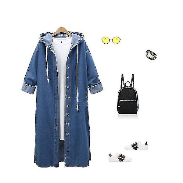 Dame Baggy Denimjakker Langermet Snøring Trenchcoat Høst Hettegensere Overfrakker Deep Blue M