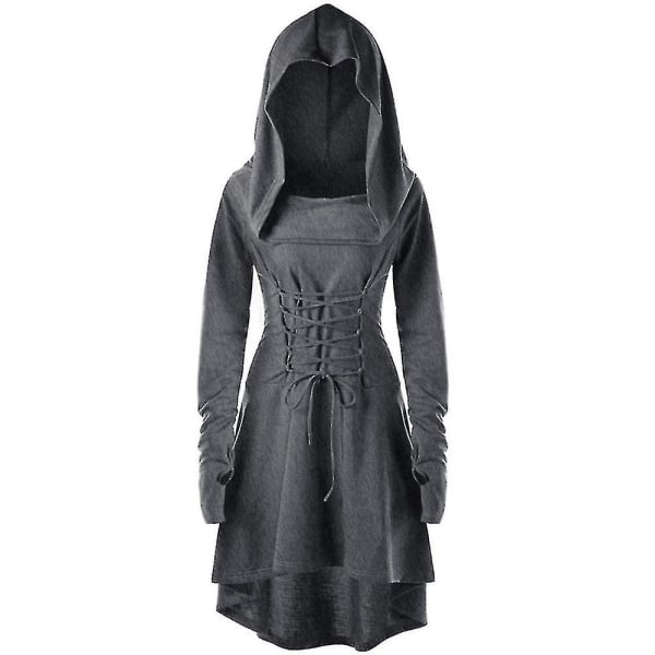 Kvinnors gotiska huvtröja med spetsstängning, vintage gotisk pullover, lång huvtröjeklänning, kappa Grey M