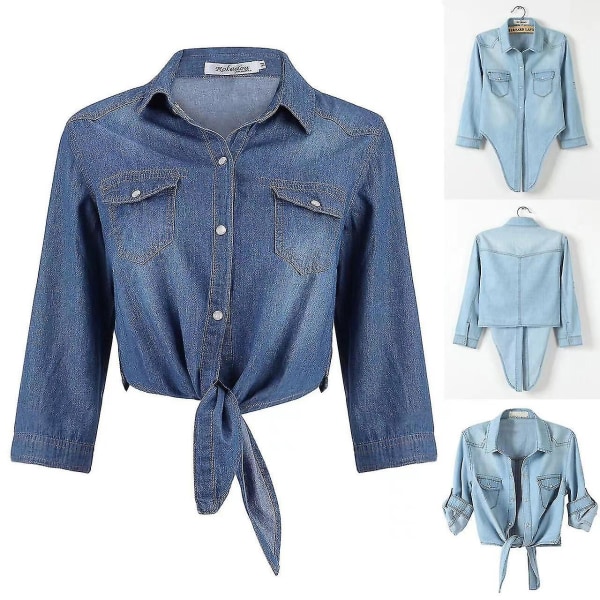 Dame Mode Casual 3/4 Ærme Knap Crop Jean Top Knude Slips Denim Skjorte Jakke Blue 3XL