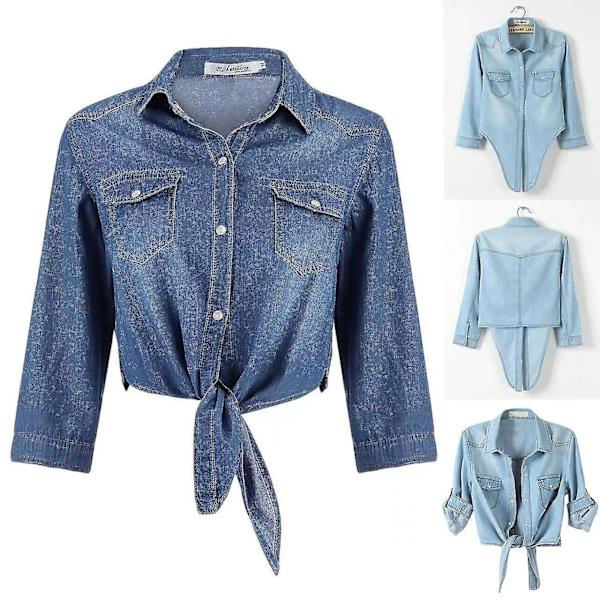 Mote dame fritid 3/4 erme knapp ned crop jean topp knute knyte denim skjorte jakke Blue M