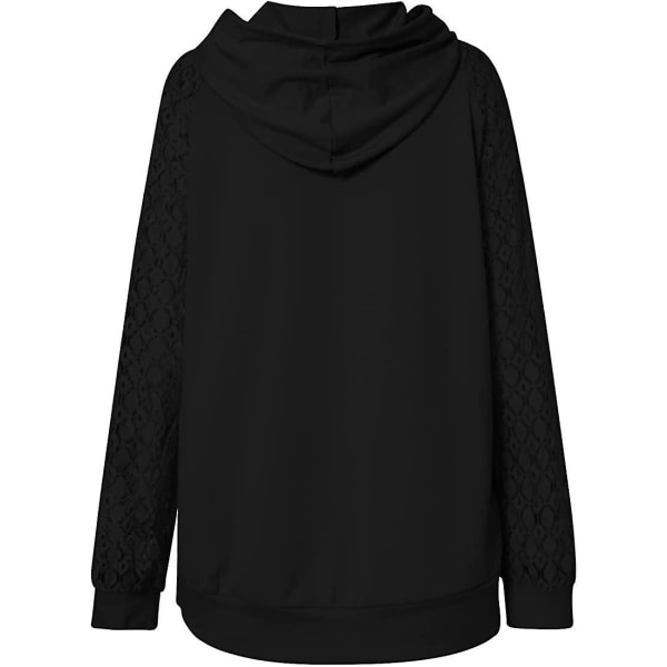 Damtröjor Spetslappning Långärmad Huvtröja Topp Casual Fashion Tunika Pullover Stylish Elegant Sweatshirt Dragsko Jumper Toppar Med Fickor Black M