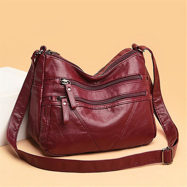 Dam Solid Crossbody Axelväska Multipla Fickor Satchel Dragkedja Stor Kapacitet Messenger Bag Red