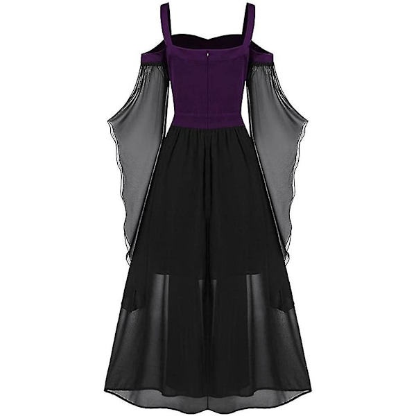 Maxikjole med sommerfugleærmer til kvinder, middelalder punk gotisk tøj, sexet Halloween kostume, kjoler med kolde skuldre og korset A-purple Large