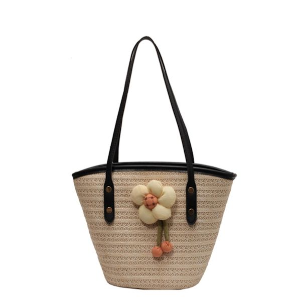 Sommar Tote Väska Dam Satchel Väska Stor Kapacitet Vävd Handväska Med Blomdekor För Jul Födelsedag Strandsemester Black