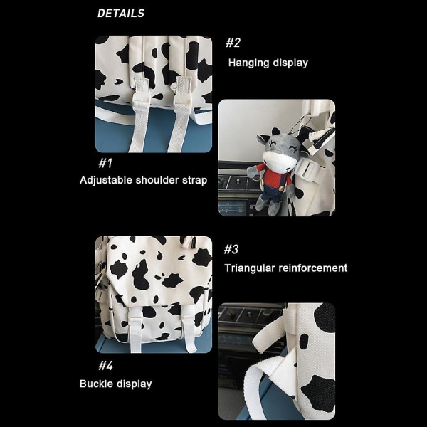 Ryggsäck med komönster i koreansk stil, portabel, lätt reseväska för gymnasie- och högskolestudenter Cow Pattern