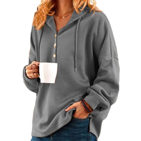 Naisten yksivärinen hupullinen collegepaita, rento, löysä, kiristysnyörillinen huppari, napillinen Henley-paita Grey 2XL