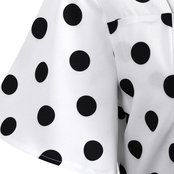 Retro Rejse Stil Bølgekant Kortærmet Prikket Mid-længde Kjole til Kvinder White XL