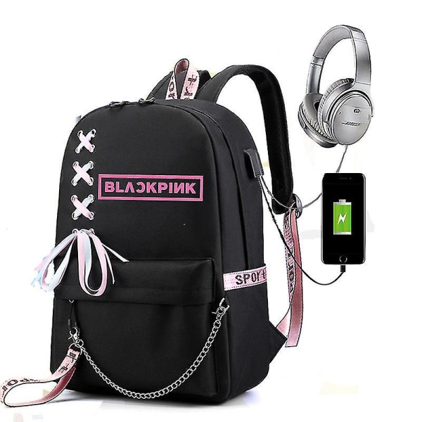 Svartrosa Park Chaeyoung Lisa Kim Jisoo Samma Ryggsäck Kvinnlig Student Skolväska Koreansk Version Usb Laddning Black upper webbing2