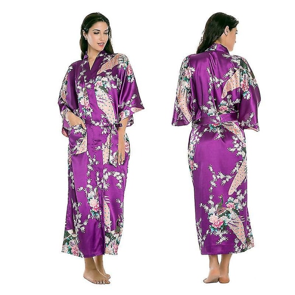 Damblommigt printed mjukt satin Kimono Morgonrock Bröllop Morgonrock Sovkläder Purple M