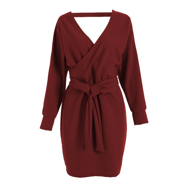 Sexy, kort strikkekjole for kvinner, langermet, løs stroppekjole for strandbruk Wine Red 3XL