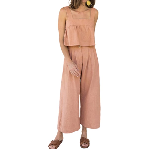Tankset i bomull och linne för dam sommar fyrkantig halslinje västset för shopping och pendling Pink 2XL