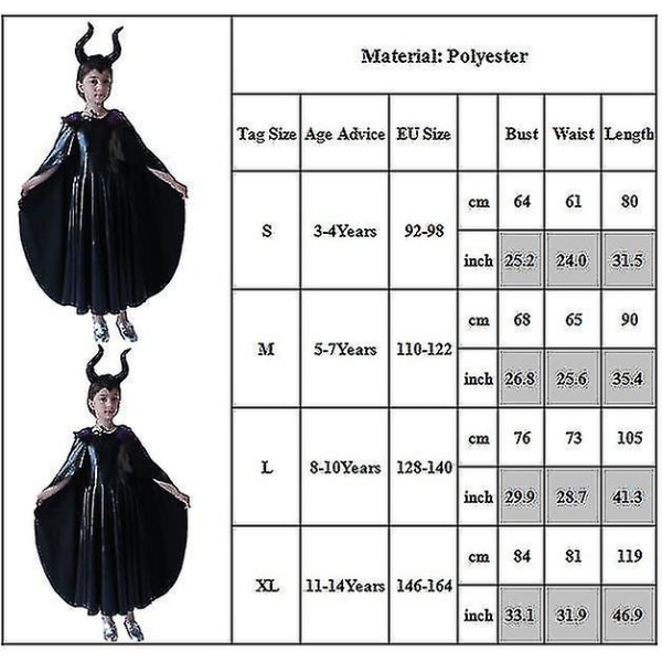 Barnflickor Film Maleficent Evil Queen Utstyrsklänning Med Horn Huvudbonad Cosplay Fest M