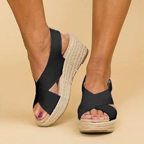 Kvinnor Sommar Ankel Strap Mid Wedge Heel Espadrilles Plattform Sandaler Skor Black EU 39