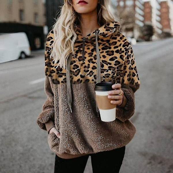 Hættetrøje til kvinder Leopard Print Plys Sweatshirt med lommer Snørehætte Red Khaki 3XL