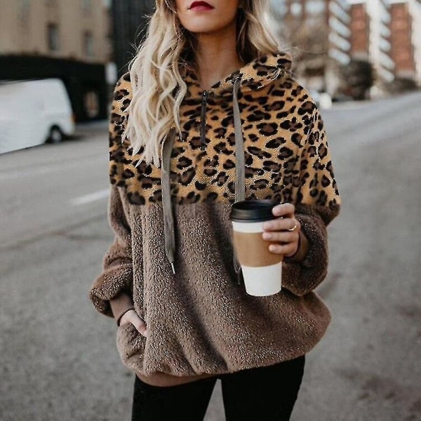 Hættetrøje til kvinder Leopard Print Plys Sweatshirt med lommer Snørehætte Red Khaki M