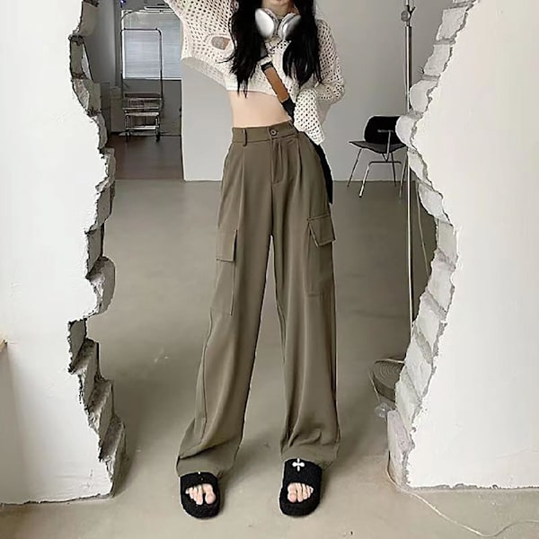 Dame Wide Leg Cargo Bukser Baggy Højtaljede Bukser Med Bomuld Til Tights Seler Sneakers Black M