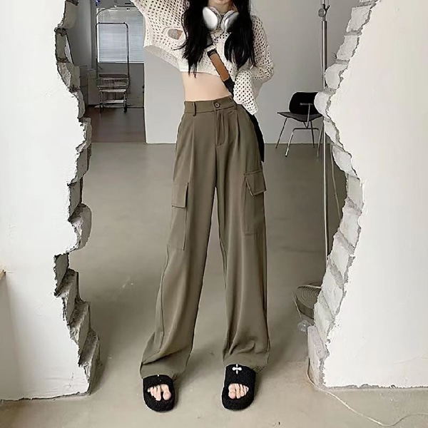 Dame Wide Leg Cargo Bukser Baggy Højtaljede Bukser Med Bomuld Til Tights Seler Sneakers Coffee Color 2XL