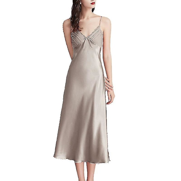 Dam Satin Nattlinnen Lång Chemise Sexig Ärmlös Sidoslits Nattklänning Spaghettiband Sovkläder Beige M