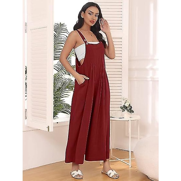 Dam Arbetsbyxor, Jumpsuit med Vida Ben, Casual Byxor med Axelband, Sommar Jumpsuit, Tröja, Lös Ärmlös Axelband, Kläder med Fickor red M