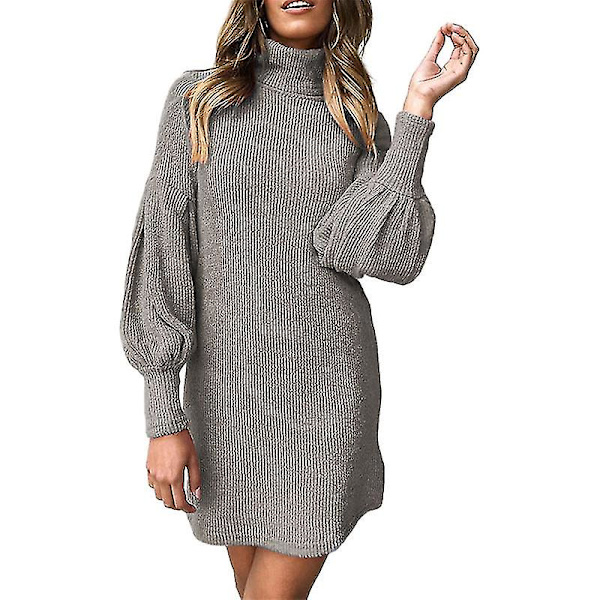 Langermet, kort, avslappet kjole for kvinner, slim høy hals T-skjorte Bodycon kjole ensfarget Grey XL