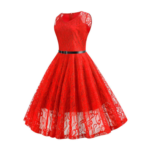 Damspets Retro Rockabilly Midiklänning 50-tal 60-tal Kvällsfest Swing Sundress Röd Red L