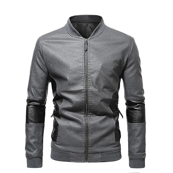 Herre Patchwork Stand Krave Læder Biker Jakke Slim Fit Casual Lynlås Frakke Overtøj Gray 1XL