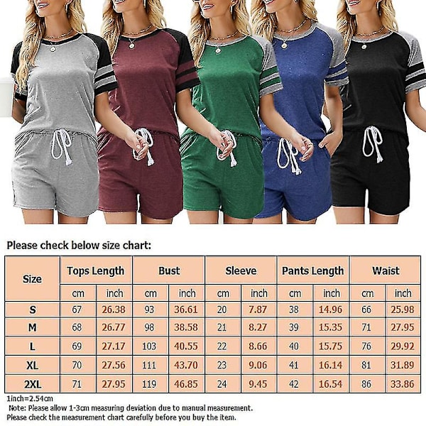 Dam Sommar Dragsko Pyjamas Set Loungewear Rund Hals Lounge Set Sport Sweatsuits Randig Nattkläder Med Ficka Blue M