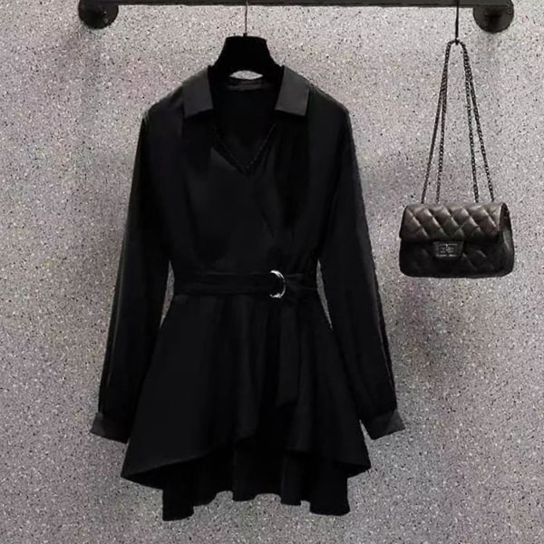 Damkrage asymmetrisk fållskjorta koreansk stil fint bälte V-ringad Casual toppar som passar för vänners samlingskläder Black Long Sleeve 3XL