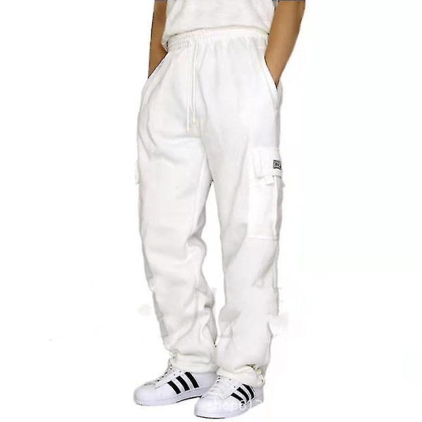 Sport- och fritidsbyxor med sammetsfoder, flera fickor, dragsko, lösa herrbyxor White 3XL