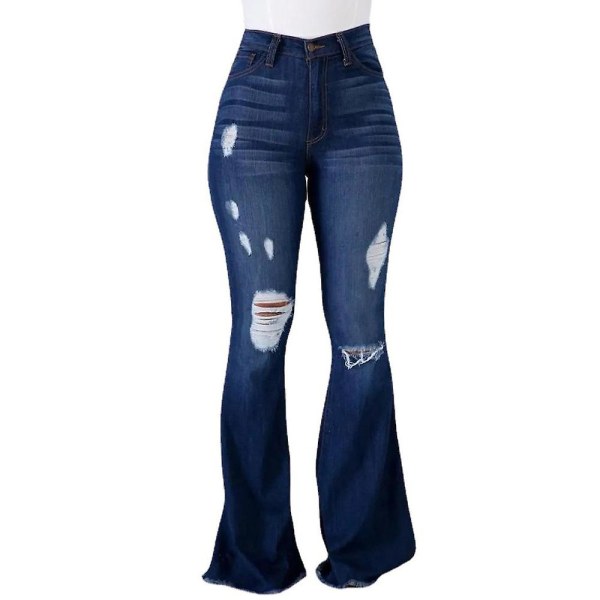 Kvinnor Vanliga rippade jeans utsvängda Casual långa byxor Stretch Slim Denim Byxor Dark Blue S