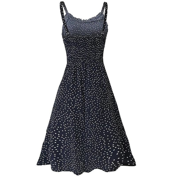 Sommarklänning med prickar för kvinnor, midilång, semesterbälte, strandklänning, lös solklänning Navy Blue M