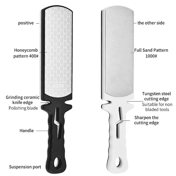 Brynefil, Dobbeltsidig Diamant Profesjonell Fil med Håndtak, Bryne Hone Paddle Grit Grov Kjøkkentilbehør for Stålkniver Black White