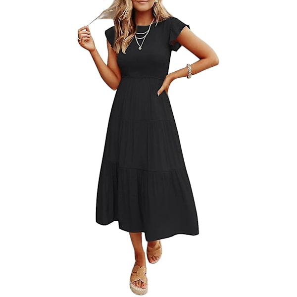 Sommarklänning för damer, ledig, med korta fjärilsärmar, rund hals, smockad resår i midjan och volangkjol i midilängd Black XLarge