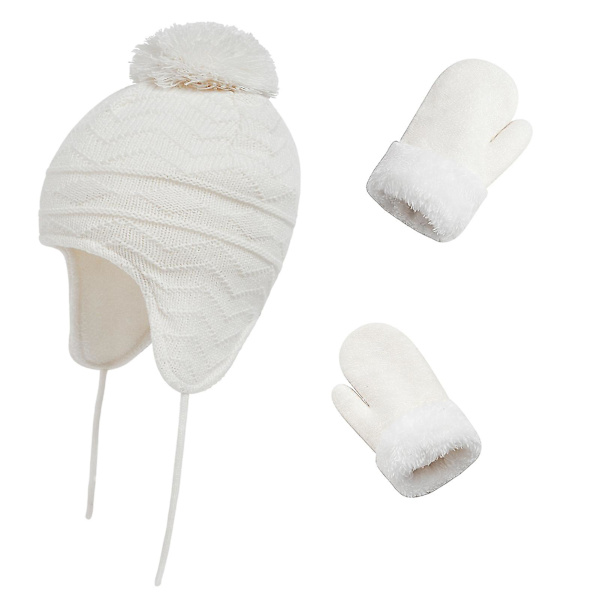 Barn Vinter Öronmuff Mössa Pompom Stickad Hatt Tjock Vante Värmare Set Navy Blue