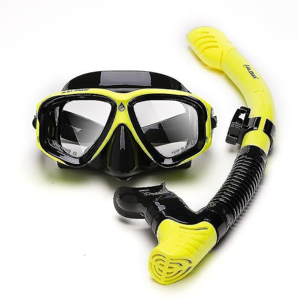 Härdat Glas Silikon Dykmask Snorkelset Myopi Simglasögon gul