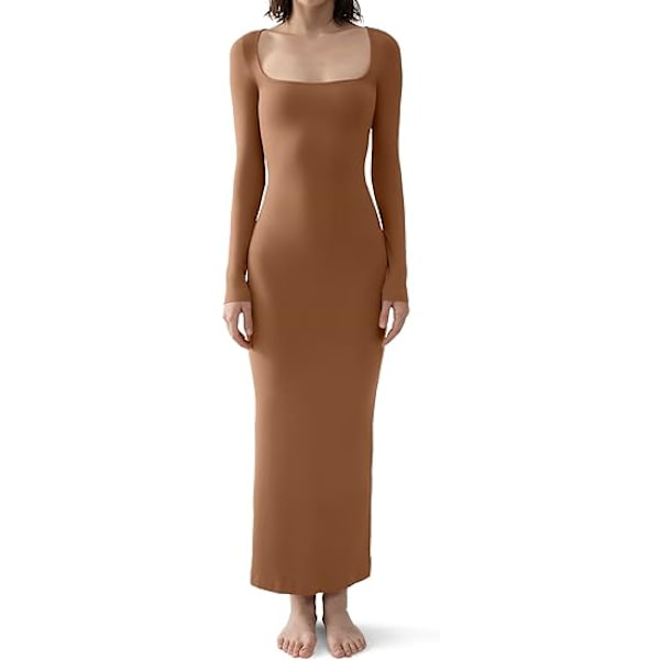 Kvinders firkantet hals langærmet maxikjole blød lounge ribstrikket bodycon kjole til kvinder karamel M Caramel m