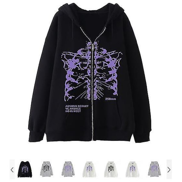 Mørk sweatshirt med lynlås, skelet-hættetrøje, hoodie med knogler, high street hipster sweatshirt jakke grey-black M