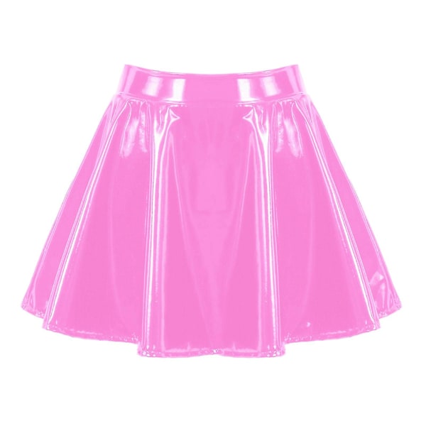 Dam Osynlig Dragkedja A-linjeformad Kort Mini Kjol Glansigt Lackläder Utsvängd Minikjol Klubb Bar Poledance Performance Kostym Pink XL