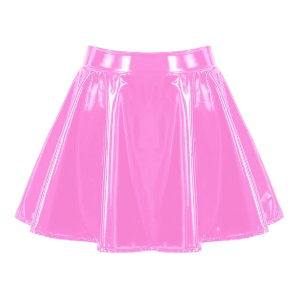 Dam Osynlig Dragkedja A-linjeformad Kort Mini Kjol Glansigt Lackläder Utsvängd Minikjol Klubb Bar Poledance Performance Kostym Pink XXXL