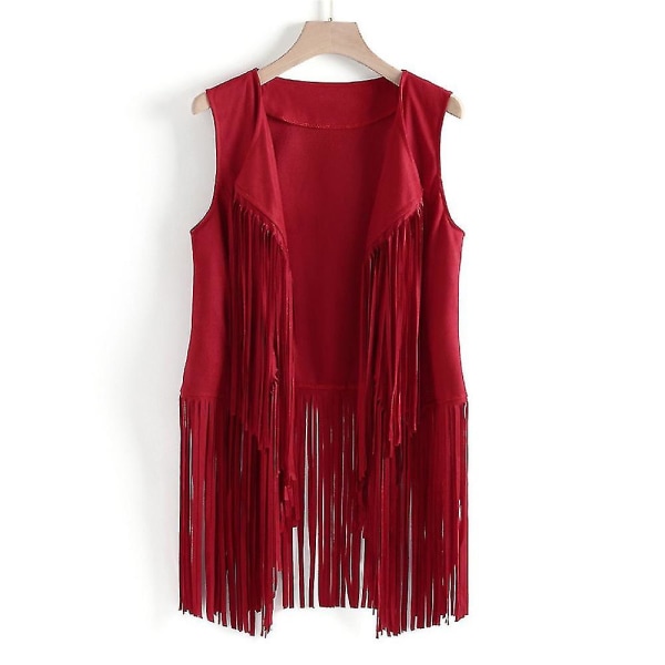 1970-talets Kvinnors Tassel Ärmlös Kavajslag Väst 70-talets Hippie Konstgjord Mocka Fransad Väst Kavaj Cardigan Red M