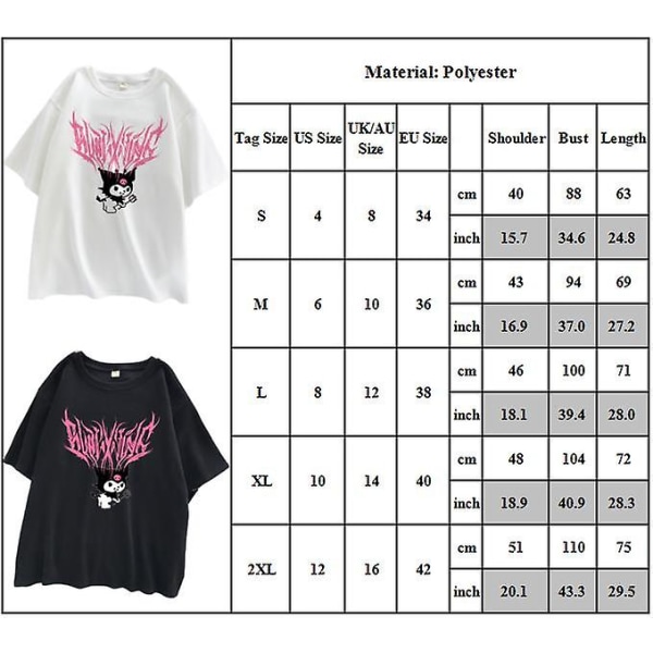 Kuromi Tegneserie Print Dame Tenårings T-skjorte Kort Erm Harajuku Løs Tee Sommer Casual Rund Hals Topper White M