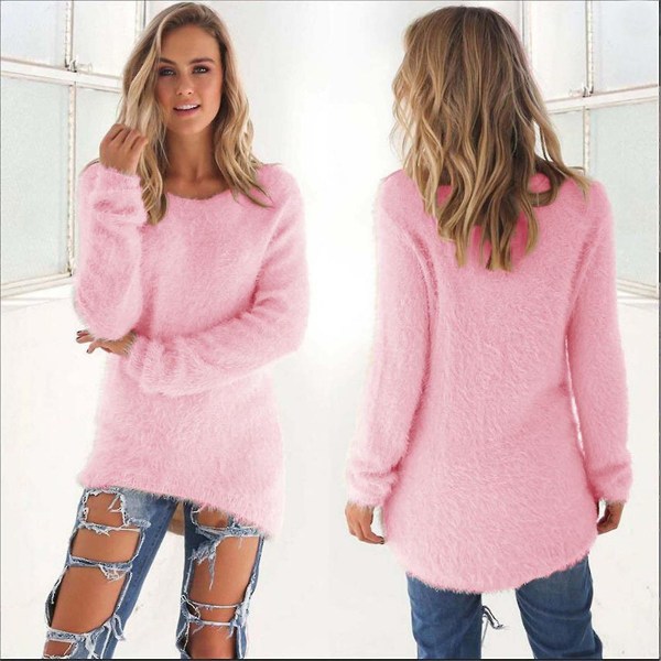 Dam Fluffy Jumper Sweater Solid långärmad tunikatopp Pink S
