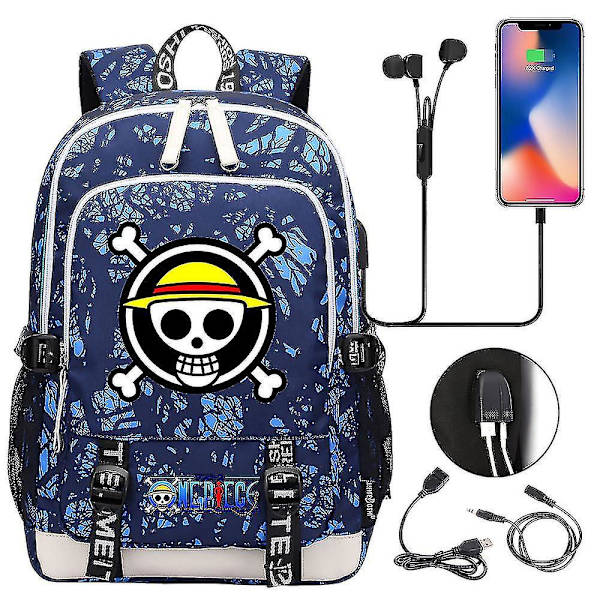 Skolesekk for tenåringer - One Piece-trykket USB-skolesekk for menn og kvinner - Casual reisesekk 2