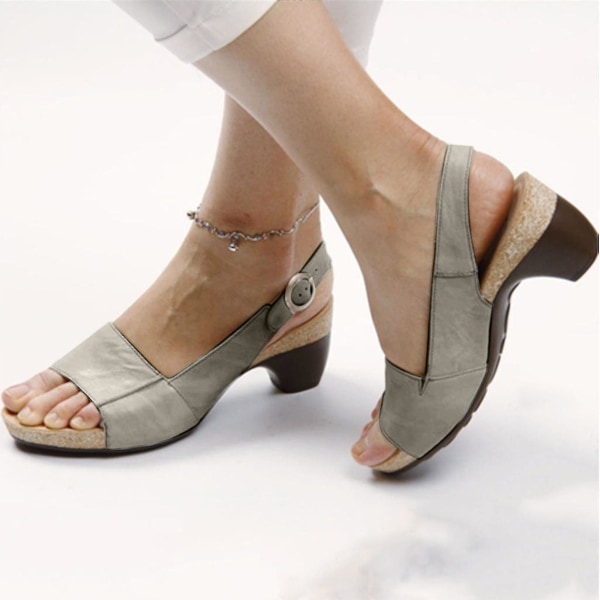 Bekväma Eleganta skor med låga klackar Kvinnor Sommar Sandaler med tjock klack Pumps Ankelspänne Öppen tå Casual Gray 39