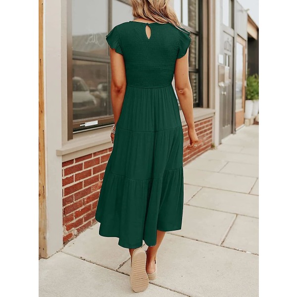 Sommerlig afslappet midi-kjole til kvinder med korte flæseærmer, rund hals, smock og elastisk talje Forestgreen Small