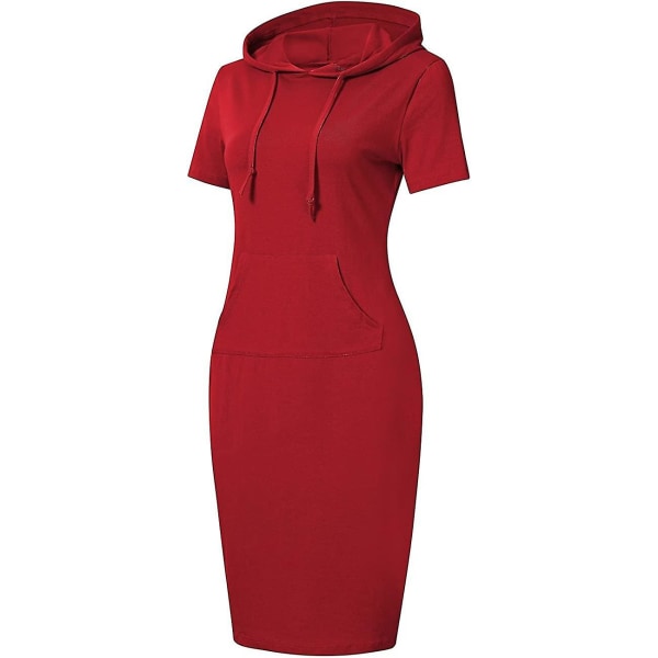 Damer Casual Sport Hooded Pocket Knee Lenth Dress Short Sleeve   Red L