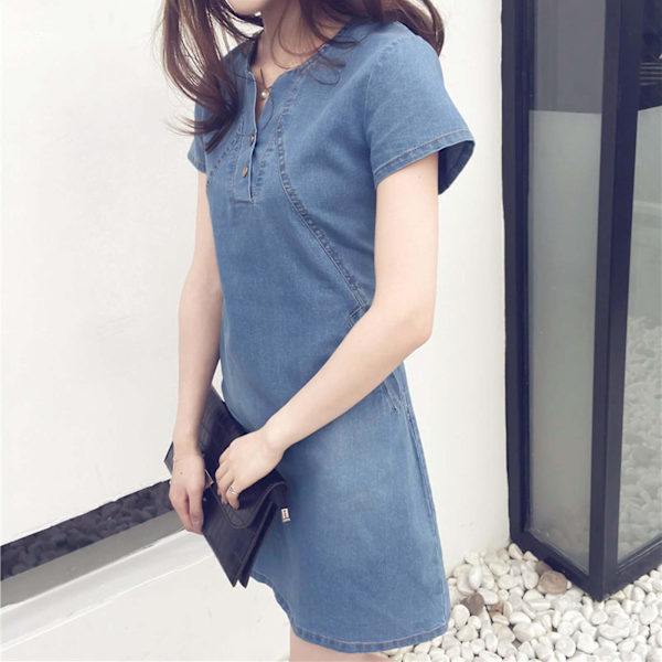 Dame Denim Skjortekjoler Rund Hals Med Knap Afslappet Tunika Top Til Daglig Shopping Light Blue 3XL