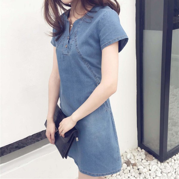 Denimskjortekjoler for kvinner Rund hals med knapp Casual tunika Topp for daglig shopping Dark Blue 3XL