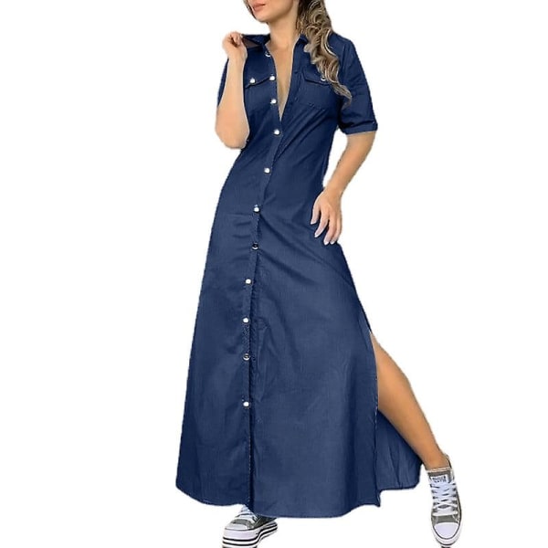 Skjorta Krage Enfärgad Denim Klänning Dam Sommar Enkelknäppt Kortärmad Sidoslits Klänning Mamma Kjolen Kvinna Casual Wear Kjolen Dark Blue XL