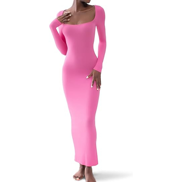 Kvinders firkantet hals langærmet maxikjole blød lounge ribstrikket bodycon kjole til kvinder rose M rose m